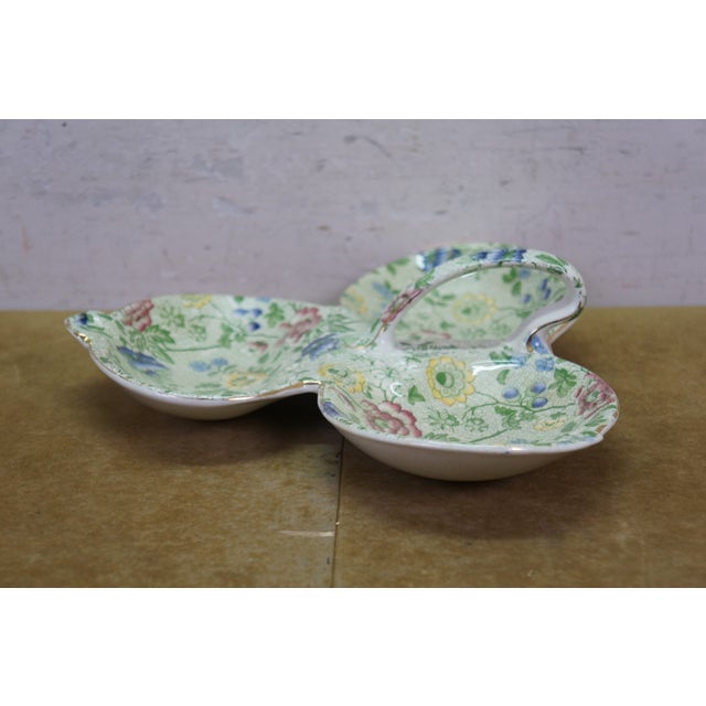 1900 - 1909 Antique Deans Burslem Dresden Green Chintz Divided Clover Dish 13" For Sale - Image 5 of 14