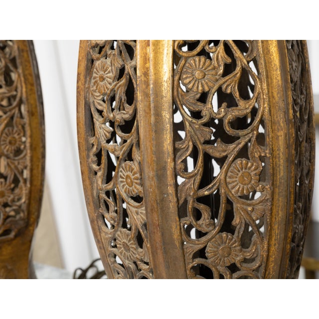 Gold Mid 20th Century Asian MidCentury Us-Wired Table Lamps with Carved Openwork Floral Motifsv - a Pair For Sale - Image 8 of 9
