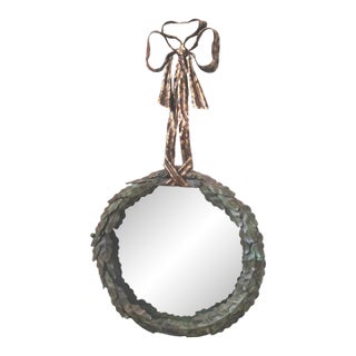 LaBarge Italian Patinated Tole Wreath Bow Metal Wall Mirror For Sale
