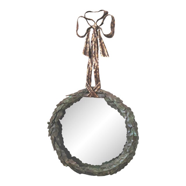 LaBarge Italian Patinated Tole Wreath Bow Metal Wall Mirror For Sale