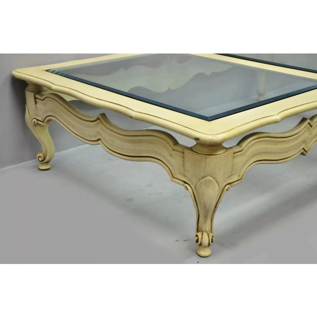 Mid 20th Century Vintage French Provincial Style Beveled Glass Cream Painted Large Coffee Table For Sale - Image 5 of 12