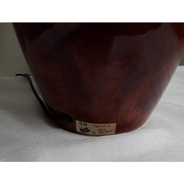 Textile Vintage Table Lamp with Brown Patterned Ceramic Foot and Black-Brown Fabric Shade with Colored Flower Trim, 1980s For Sale - Image 7 of 10