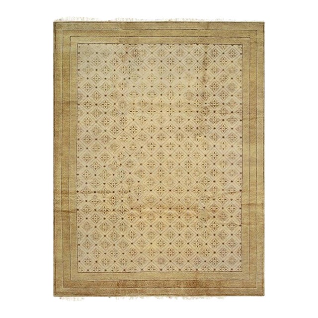 9x12 Ivory Hand-Knotted Wool Greek Key Border Classic Traditional Carpet Rug For Sale