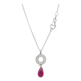 14k White Gold Ruby Briolette and Diamond Circle Drop Necklace For Sale