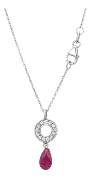 14k White Gold Ruby Briolette and Diamond Circle Drop Necklace