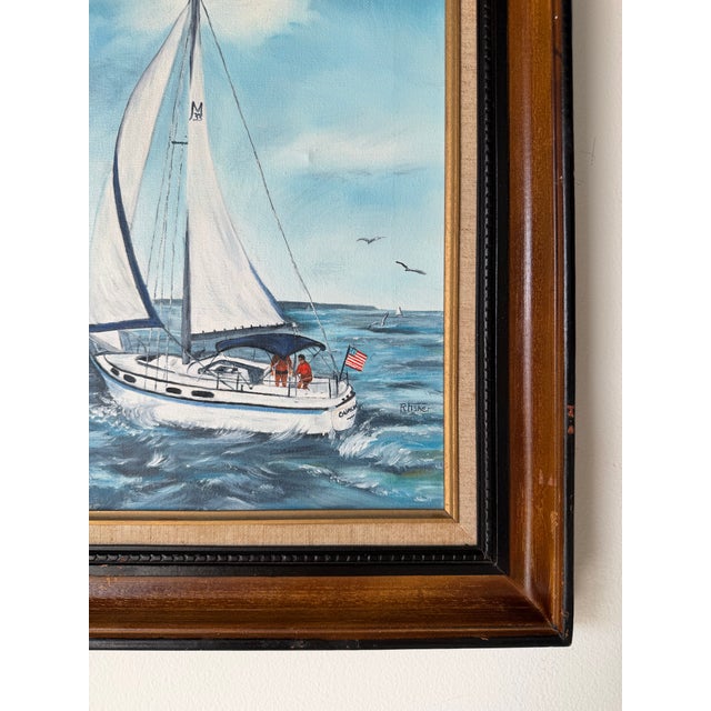 Sky Blue 1970s Vintage R. Fisher Sailboat Oil on Canvas Painting – Framed For Sale - Image 8 of 12