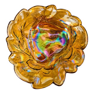 Vintage Iridescent Amber Carnival Glass Grape & Leaf Ruffled Bowl 7.75" Floral For Sale