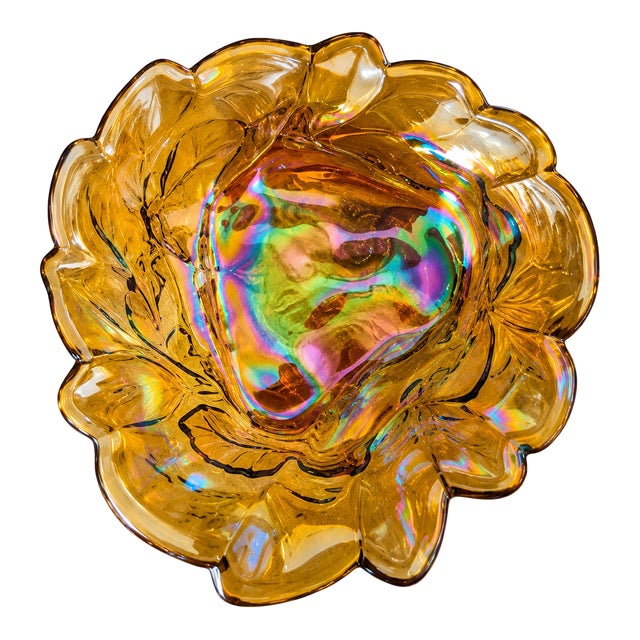 Vintage Iridescent Amber Carnival Glass Grape & Leaf Ruffled Bowl 7.75" Floral For Sale