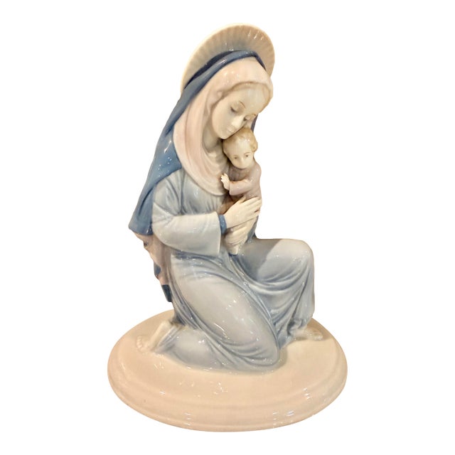 Vintage German Porcelain Madonna and Child Figurine in Blue & White For Sale