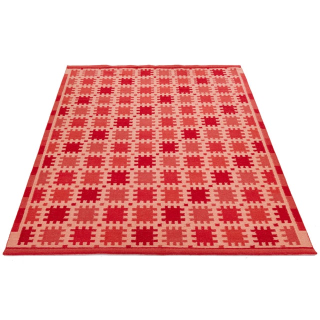Textile Room Sized Modern Swedish Style Flat-Weave Red Wool Rug With Geometric Pattern For Sale - Image 7 of 8