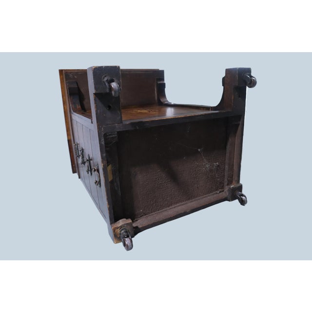 Mid 19th Century Beautiful Antique Rosewood Marquetry Writing Desk With Dual Flip Tops, Drawers & Wheels For Sale - Image 13 of 13