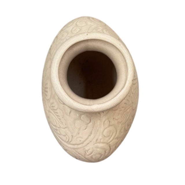 Vintage Cream Ceramic Floral Relief Vase For Sale - Image 4 of 12
