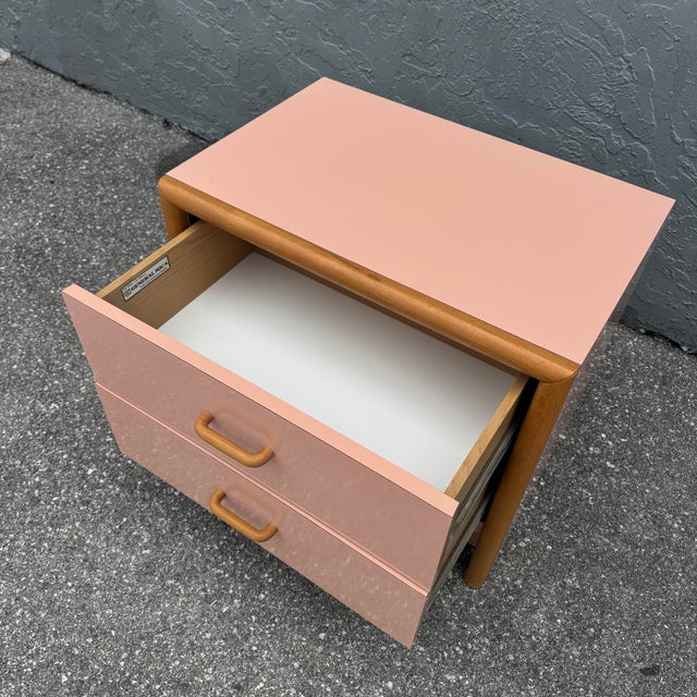 1980s Postmodern Pink Gloss Laminate and Oak Nightstand For Sale - Image 5 of 8