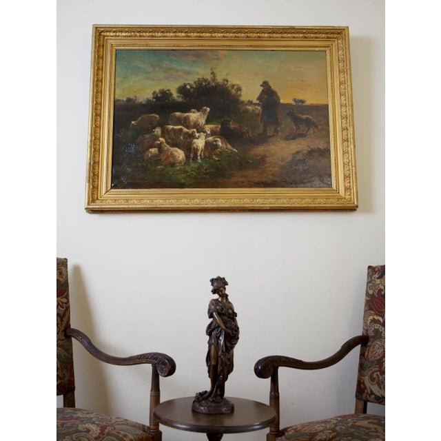 Brown Henry Schouten, Shepherd with a Flock of Sheep, Oil on Canvas, Framed For Sale - Image 8 of 9