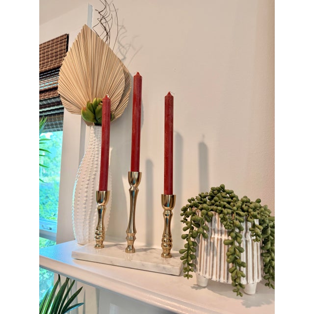 1990s Hollywood Regency Brass Three-Candle Candelabra on White Marble Base For Sale - Image 5 of 11