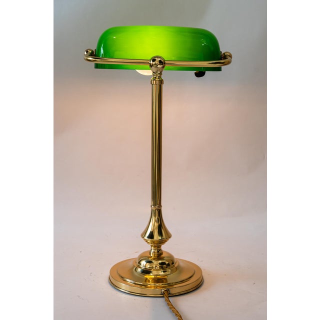 Banker table lamp with glass shade vienna around 1920s Brass polished and stove enameled European Plug (up to 250V).The...