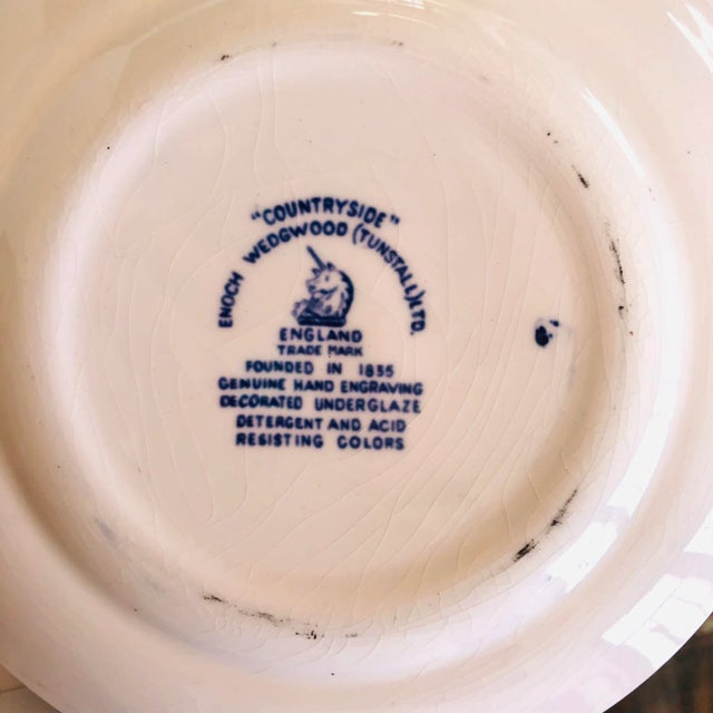1930s Vintage Country Side Enoch Wedgwood Hand Painted Blue & White Plates S/3 For Sale - Image 5 of 7