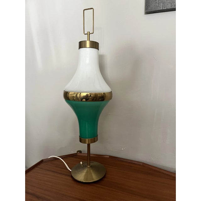 Vintage two-tone brass and opaline lamp from the 1950s Working and intact Ultra original and absolutely a gem Measures 34...