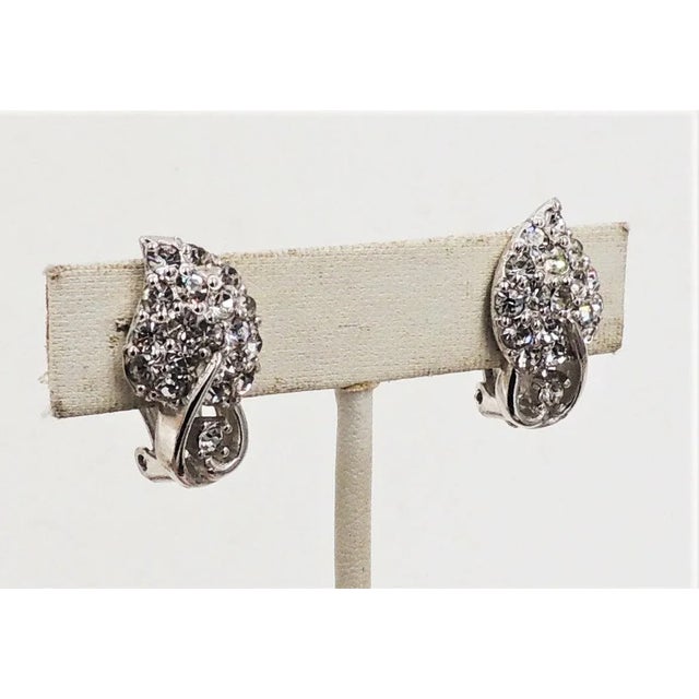 Silver 1950s Pennino Rhodium Plated Pave Clear Rhinestone Leaf Clip Earrings - 2 Pieces For Sale - Image 8 of 10