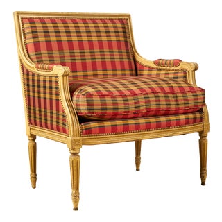 Louis XVI Style Bergere Chair Upholstered in Plaid Silk For Sale