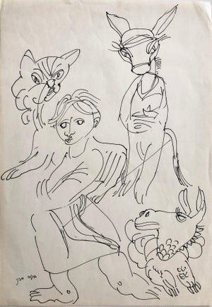 Moshe Avni, Vintage Israeli Bezalel School Drawing Surrealist Boy with Animals Kibbutz Life, c.1960's