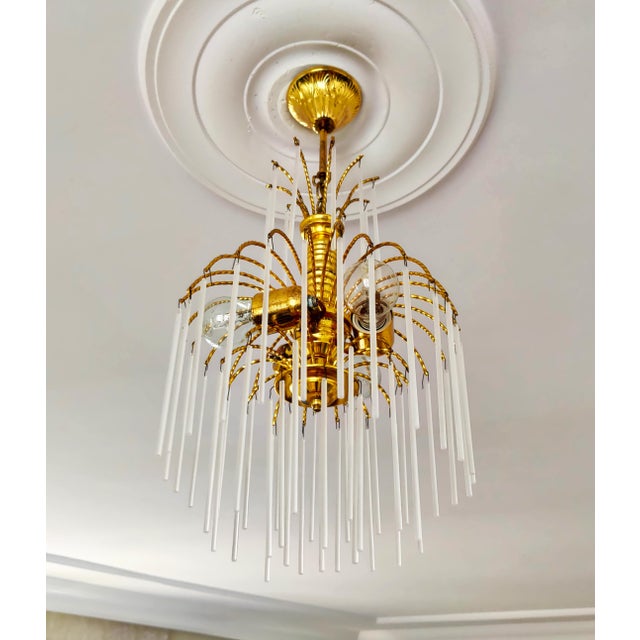 Art Deco Vintage Brass Chandelier Milk Glass Rods Ceiling Light For Sale - Image 3 of 14