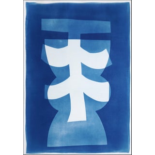 2025, Asian Totem, Geometric Figures Token in Blue and White, Handmade Cyanotype Monotype on Watercolor Paper by Kind of Cyan For Sale