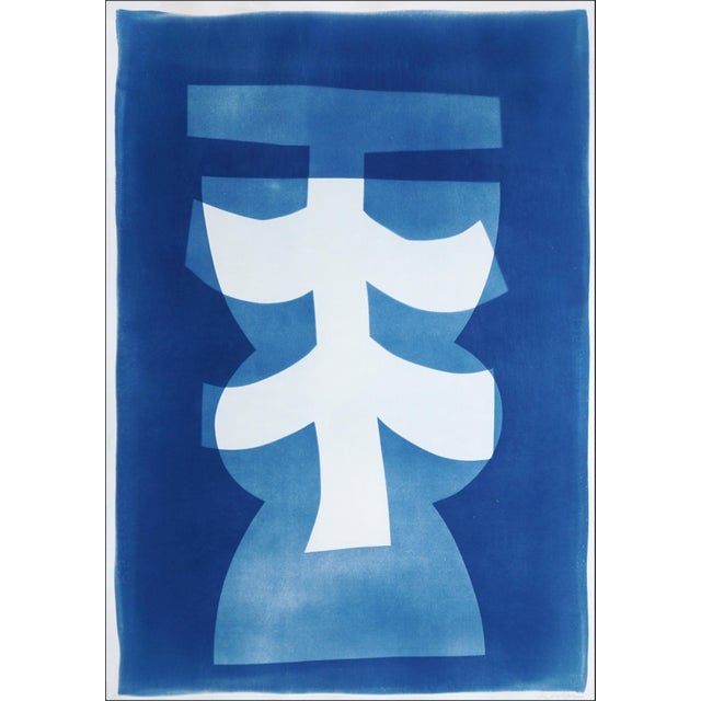 2025, Asian Totem, Geometric Figures Token in Blue and White, Handmade Cyanotype Monotype on Watercolor Paper by Kind of Cyan For Sale