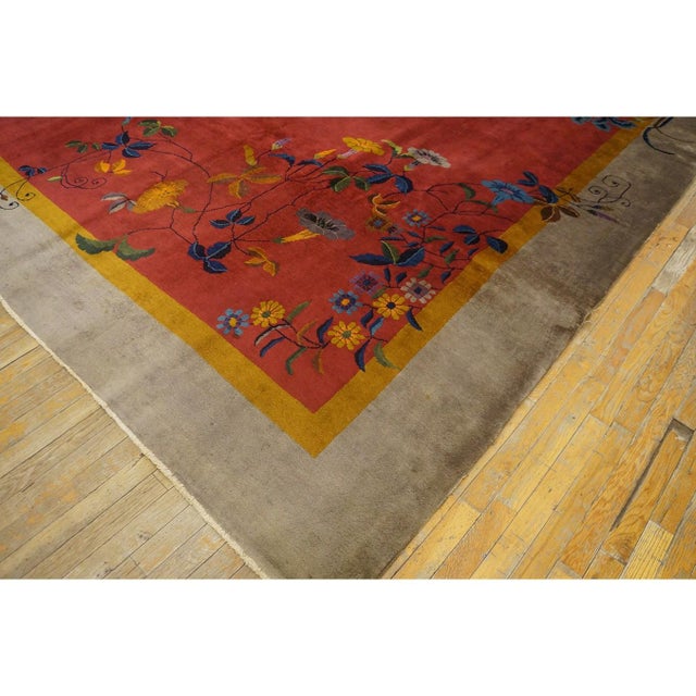 Textile 1920s Orange Floral Modern Antique Chinese Art Deco Handknotted Wool Rug For Sale - Image 7 of 10