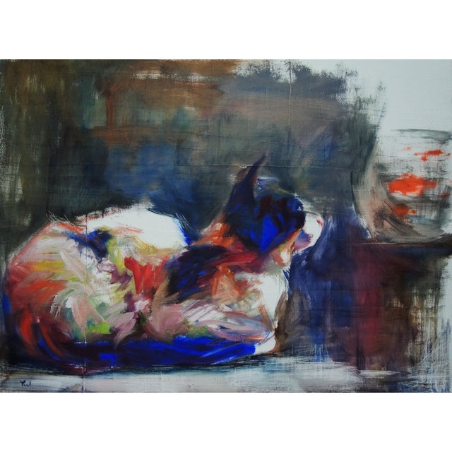 The artwork depicts a contemplative cat lounging in a vibrant, abstract environment, with bold strokes of color capturing...