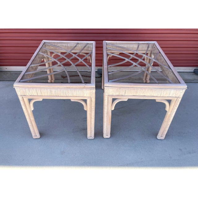Mid-Century Modern Vintage Whitewash Bamboo Glass Top Side Tables - a Pair For Sale - Image 3 of 12
