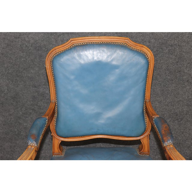 French Louis XV Style Walnut and Leather Set of 10 Dining Chairs C. 1940s For Sale - Image 10 of 14
