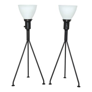 1950s Gerald Thurston Attributed Iron Tripod Table Lamps With White Glass Shades - A Pair For Sale