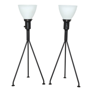 1950s Gerald Thurston Attributed Iron Tripod Table Lamps With White Glass Shades - A Pair