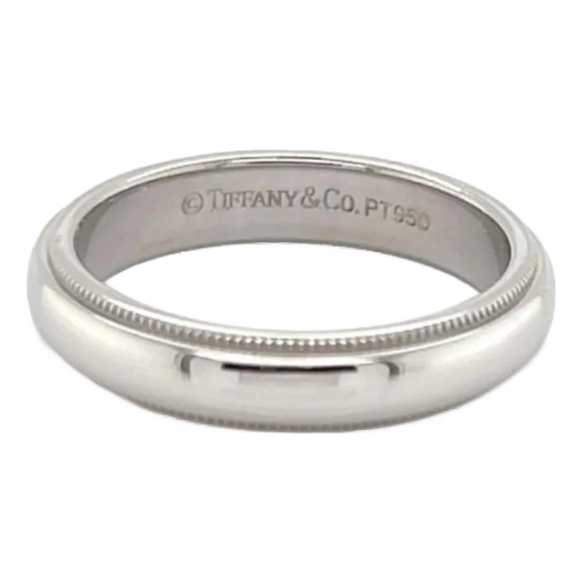 Mid 20th Century Tiffany & Co. Platinum 4mm Wide Double Milgrain Wedding Band Ring - Size 7 For Sale