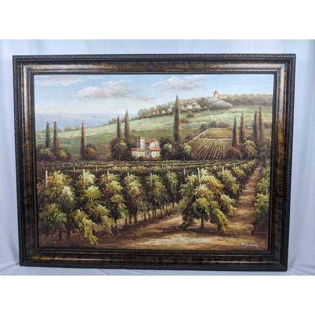 Late 20th Century Monumental Signed B. Andrews Tuscan Vineyard Landscape Oil Painting, 54" For Sale - Image 11 of 18