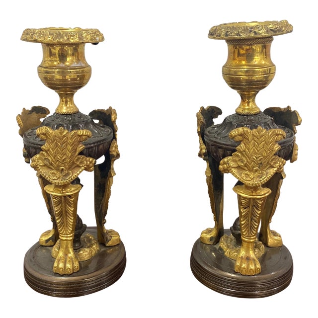 Pair of Early 20th Century Georgian Bronze Regency Style Patinated Bronze and Ormolu Candlesticks For Sale