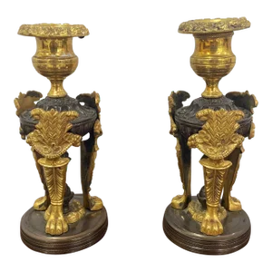 Pair of Early 20th Century Georgian Bronze Regency Style Patinated Bronze and Ormolu Candlesticks