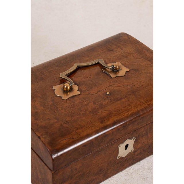 Antique English Burl Wood Sewing Box With Brass Top Handle For Sale - Image 4 of 5