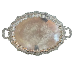 1940s Oval English Silver Plated Serving Tray With Grape and Leaf Decoration