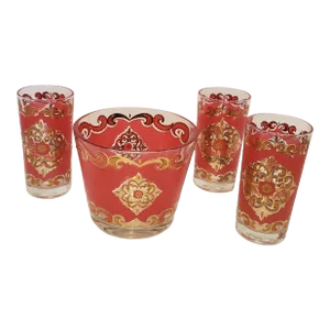 Mid-Century Modern Libby Starlyte Red & Gold Medallion Ice Bucket Bin & 3 Glasses Set- 4 Pieces