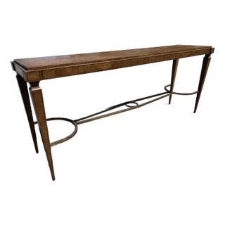 1960s Mid Century Modern Burl Console, Brass Stretcher For Sale