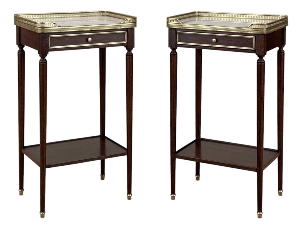 Pair of Antique French Louis XVI Mahogany End Tables With Carrara Marble Tops