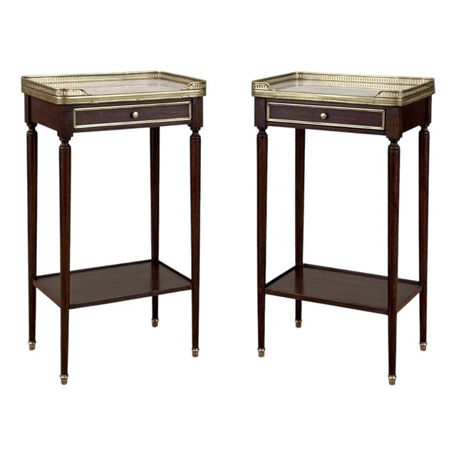 Pair of Antique French Louis XVI Mahogany End Tables With Carrara Marble Tops For Sale