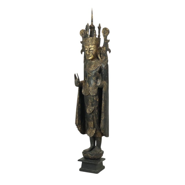 Wood Very Large Weathered Gilded Wood Statue of Buddha, Burma For Sale - Image 7 of 18