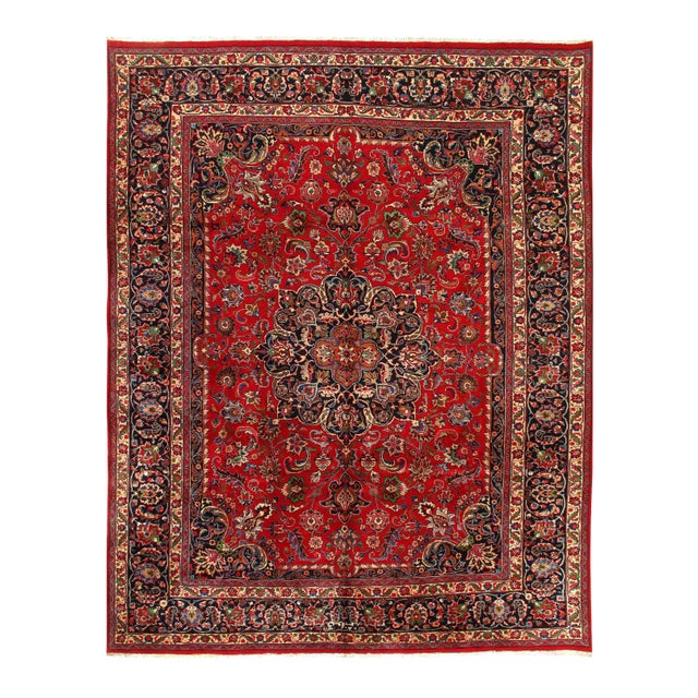 Red Semi Vintage Persian Hand Knotted Mashad 9'8'' X 12'6'' For Sale