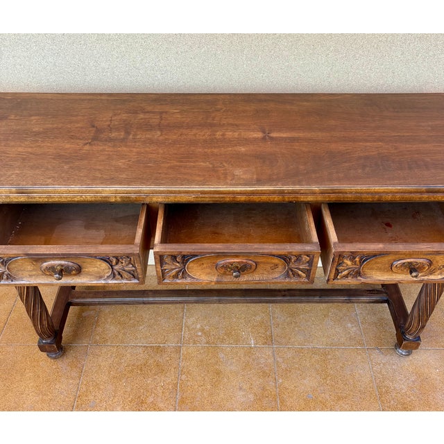 Spanish Walnut Drop-Leaf Table With Three Drawers, 1930s For Sale - Image 12 of 16