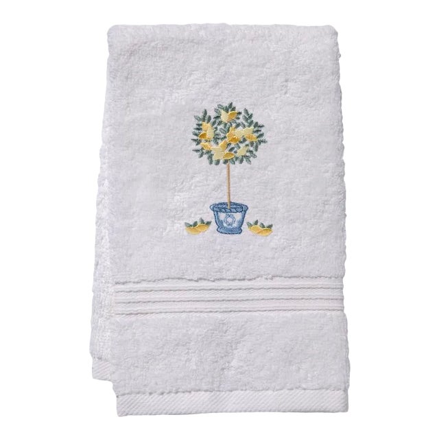 Yellow Lemon Topiary Tree Guest Towel White Terry, Embroidered For Sale
