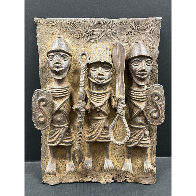 Figurative Vintage African Tribal Art Benin Bronze Wall Plaque Sculpture For Sale - Image 3 of 10