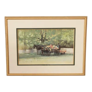Paul Landry 'Flower Wagon' Watercolor Lithograph Print
